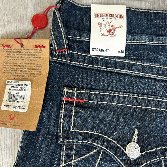 True Religion Indigo Heart Straight Flap Earthworm Big T Jeans 38 Waist - Picture 9 of 9